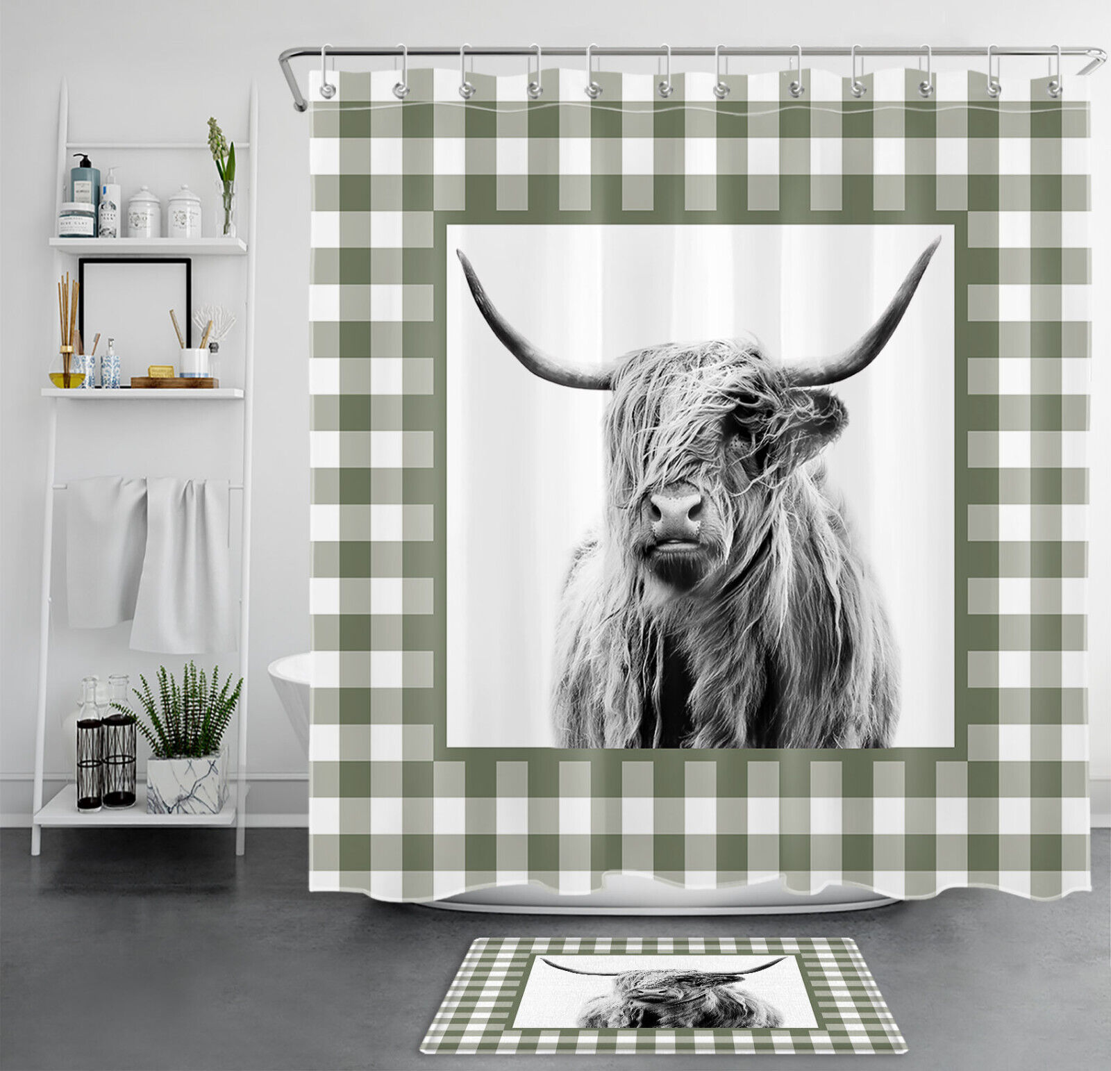 Green Check Plaid Highland Cow Rustic Farmhouse Shower Curtain For Bathroom Decor