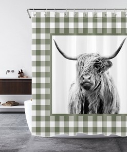 Green Check Plaid Highland Cow Rustic Farmhouse Shower Curtain For Bathroom Decor