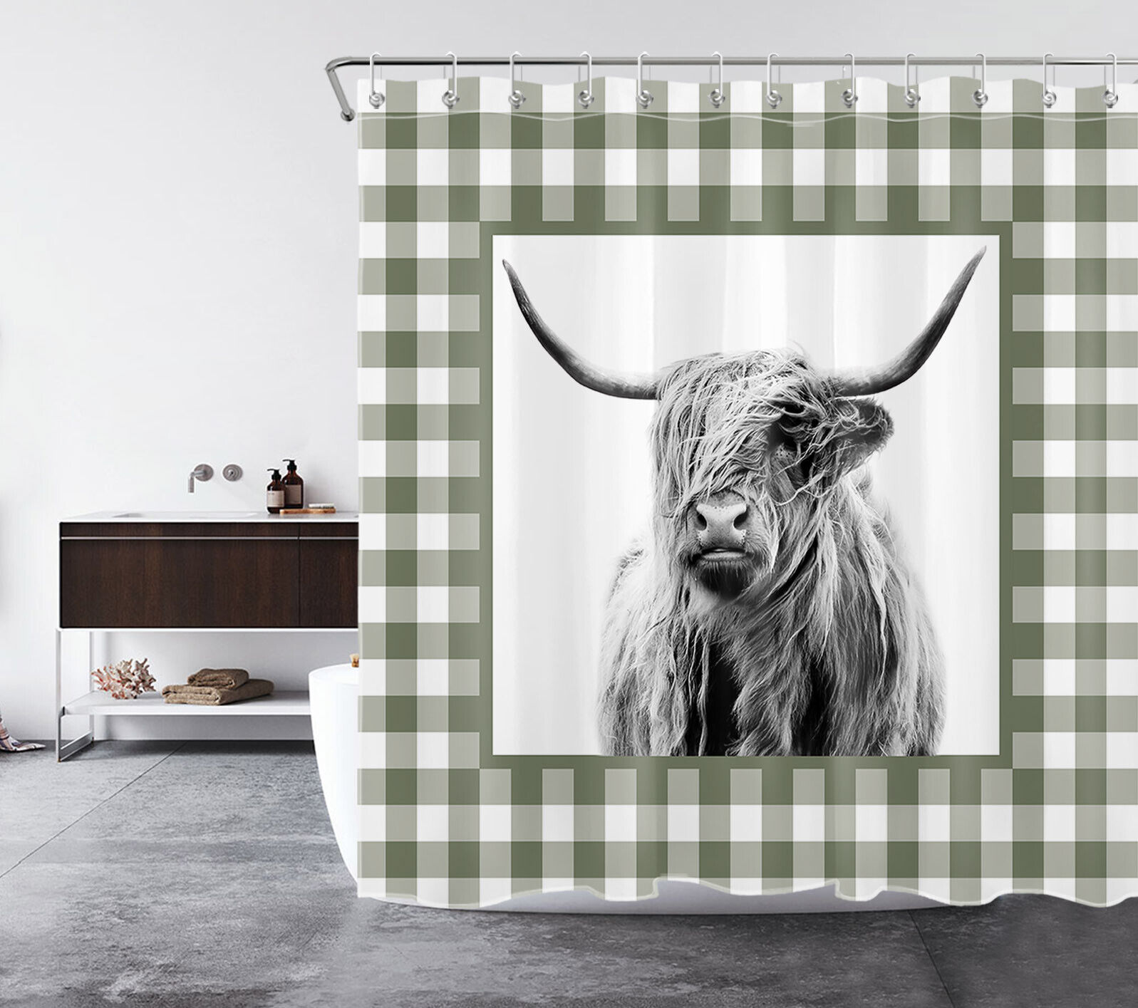 Green Check Plaid Highland Cow Rustic Farmhouse Shower Curtain For Bathroom Decor