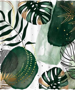 Green Chic Abstract Shower Curtain With Tropical Leaf Prints For A Modern Bathroom