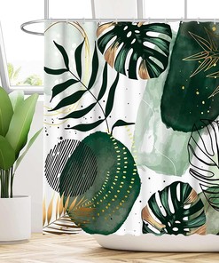 Green Chic Abstract Shower Curtain With Tropical Leaf Prints For A Modern Bathroom