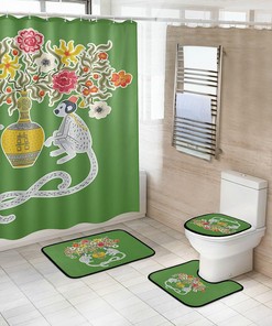 Green Chinoiserie Style Vintage Monkeys with Flowers Print Shower Curtain, Bring Nature to Your Bathroom