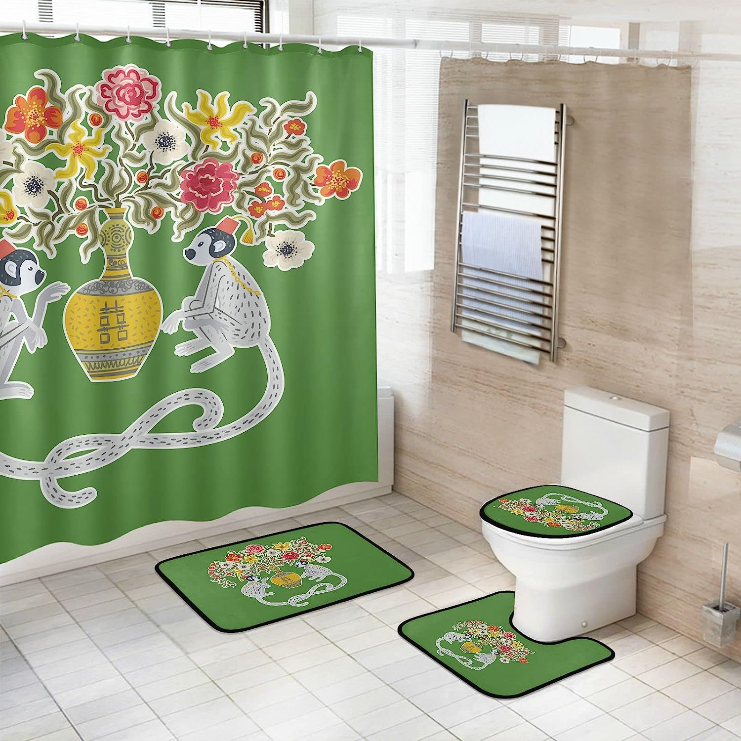 Green Chinoiserie Style Vintage Monkeys with Flowers Print Shower Curtain, Bring Nature to Your Bathroom