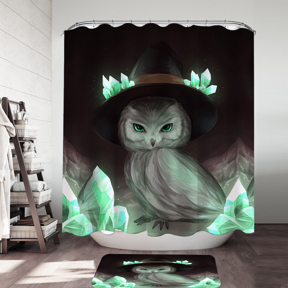 Green Crystal Owl Witch Shower Curtain - Perfect For Vintage Bathroom Decor