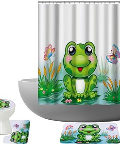 Green Cute Frog Sits On Leaf Decor Kids Bathroom Mats Shower Curtain - Perfect For Your Little One'S Bath