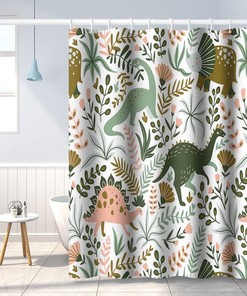 Green Dino Themed Tropical Leaves Shower Curtain for Kids Baby Bathtub Decorative