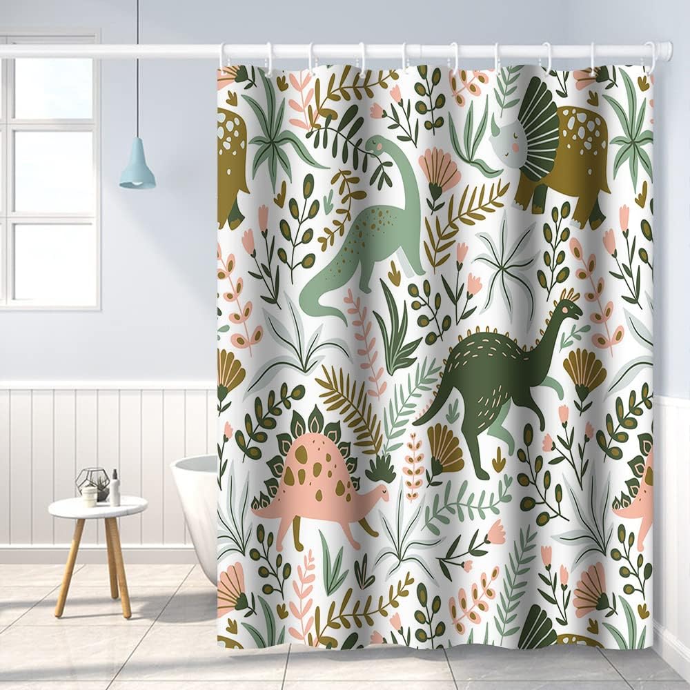 Green Dino Themed Tropical Leaves Shower Curtain for Kids Baby Bathtub Decorative