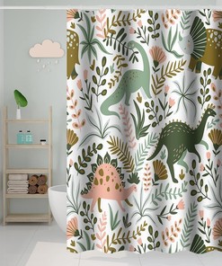 Green Dino Themed Tropical Leaves Shower Curtain for Kids Baby Bathtub Decorative