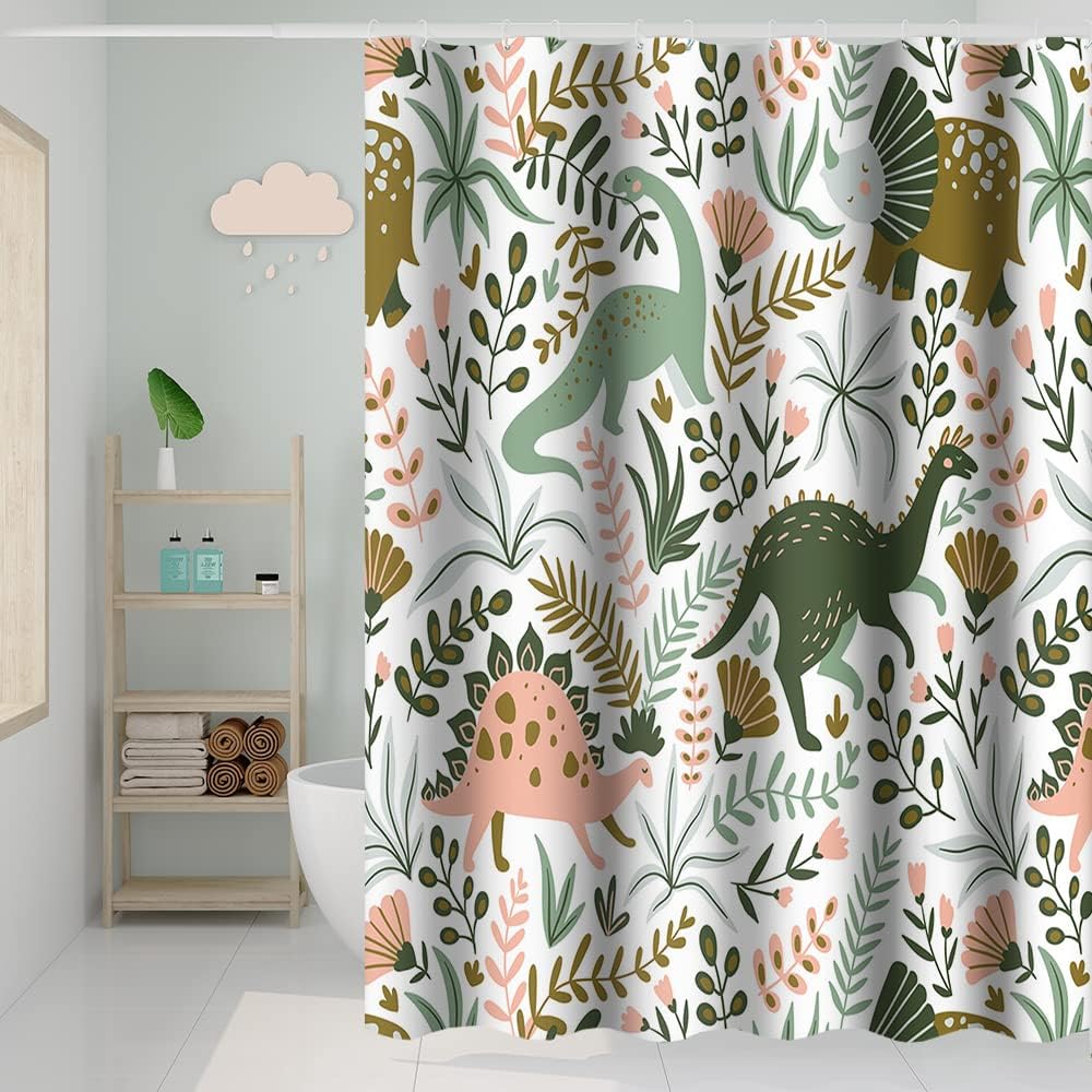 Green Dino Themed Tropical Leaves Shower Curtain for Kids Baby Bathtub Decorative