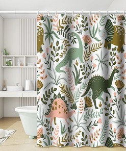 Green Dino Themed Tropical Leaves Shower Curtain for Kids Baby Bathtub Decorative