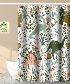 Green Dino Themed Tropical Leaves Shower Curtain for Kids Baby Bathtub Decorative