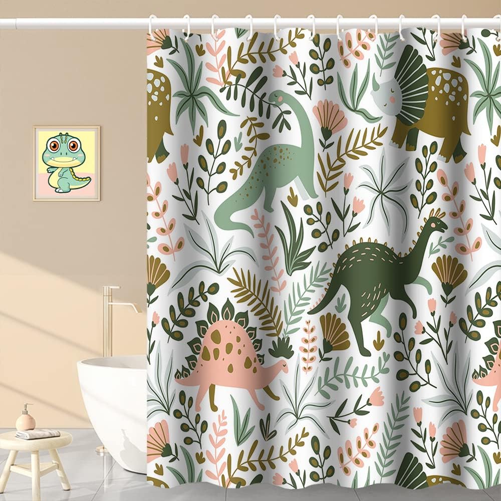 Green Dino Themed Tropical Leaves Shower Curtain for Kids Baby Bathtub Decorative