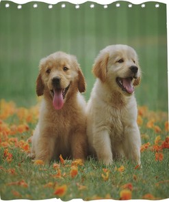 Green Dogs Shower Curtain - Cute Pup Floral Meadow Theme - Waterproof Washable Bathroom Decor