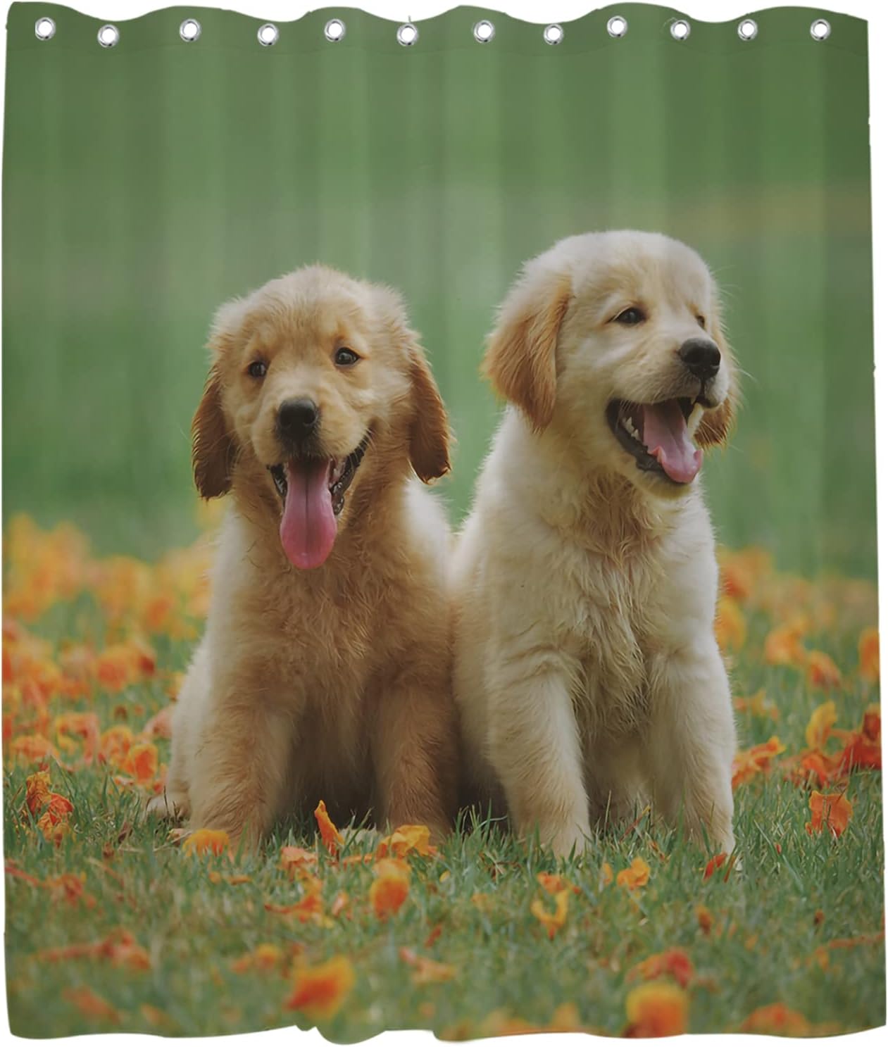 Green Dogs Shower Curtain - Cute Pup Floral Meadow Theme - Waterproof Washable Bathroom Decor