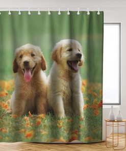 Green Dogs Shower Curtain - Cute Pup Floral Meadow Theme - Waterproof Washable Bathroom Decor