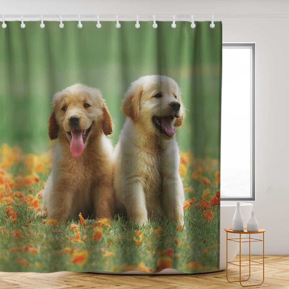 Green Dogs Shower Curtain - Cute Pup Floral Meadow Theme - Waterproof Washable Bathroom Decor