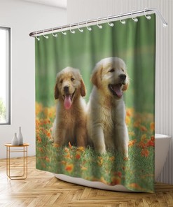 Green Dogs Shower Curtain - Cute Pup Floral Meadow Theme - Waterproof Washable Bathroom Decor