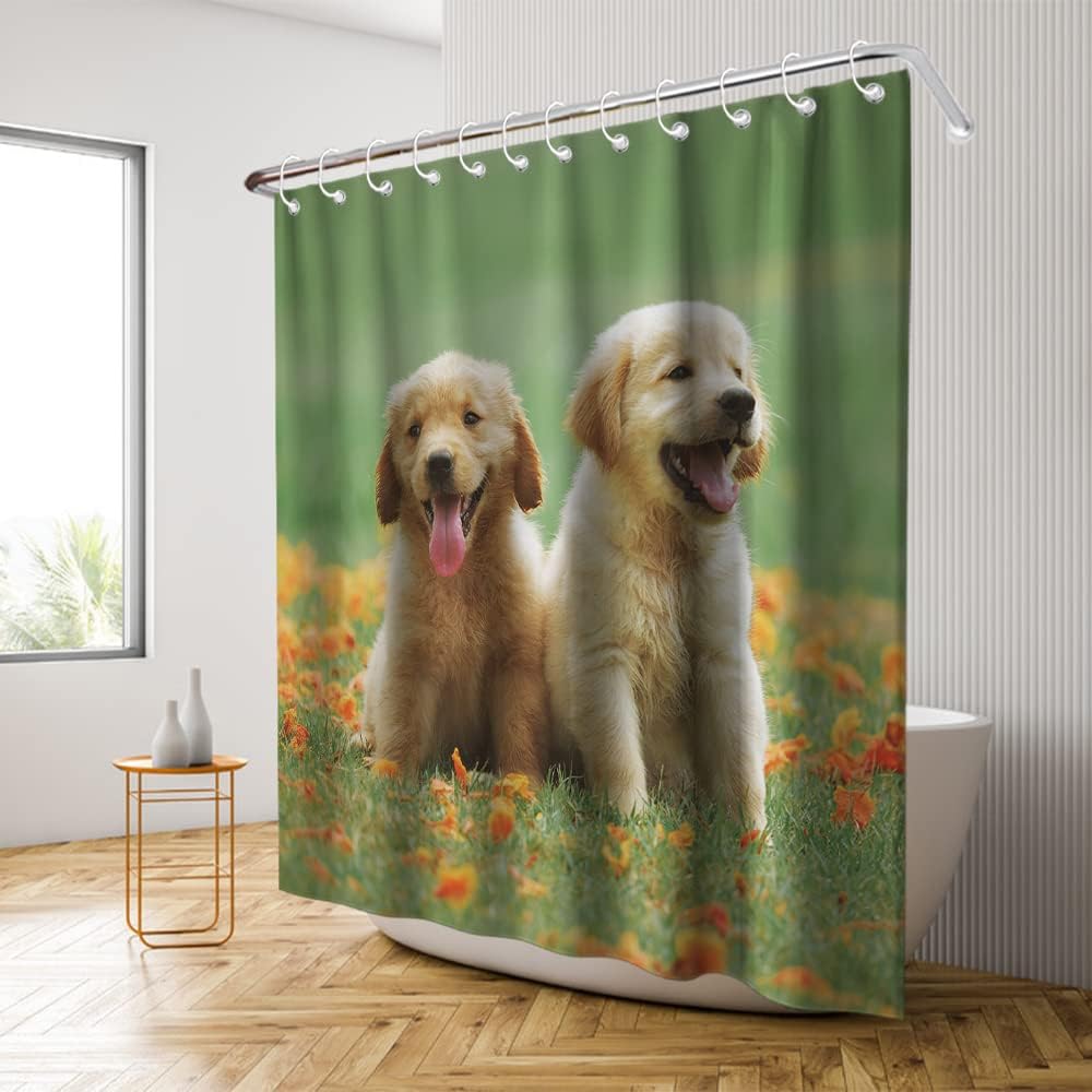 Green Dogs Shower Curtain - Cute Pup Floral Meadow Theme - Waterproof Washable Bathroom Decor