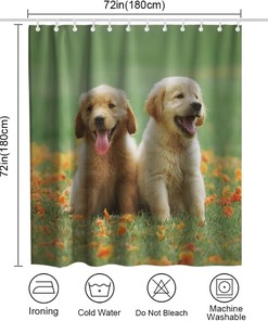 Green Dogs Shower Curtain - Cute Pup Floral Meadow Theme - Waterproof Washable Bathroom Decor
