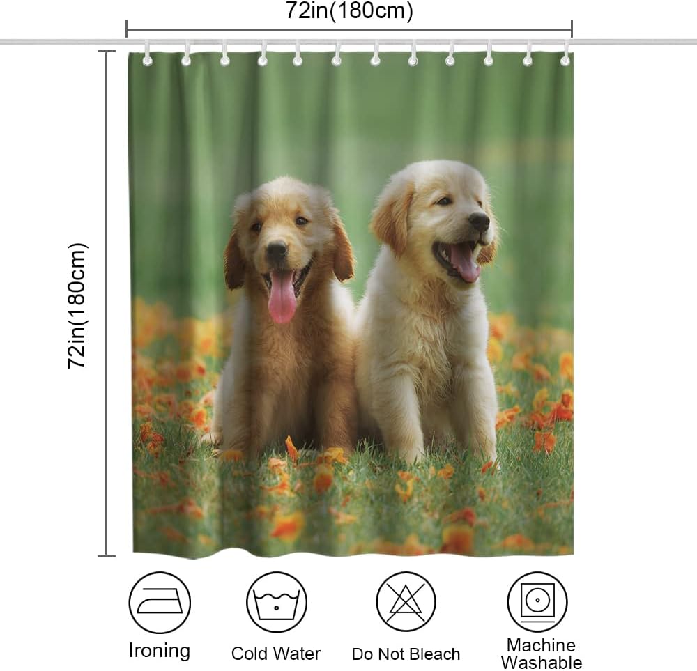 Green Dogs Shower Curtain - Cute Pup Floral Meadow Theme - Waterproof Washable Bathroom Decor
