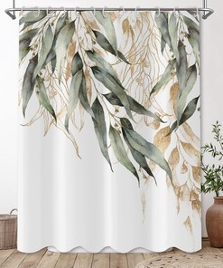 Green Eucalyptus Leaf Shower Curtain with Gold Branches and Botanical Pattern for Home