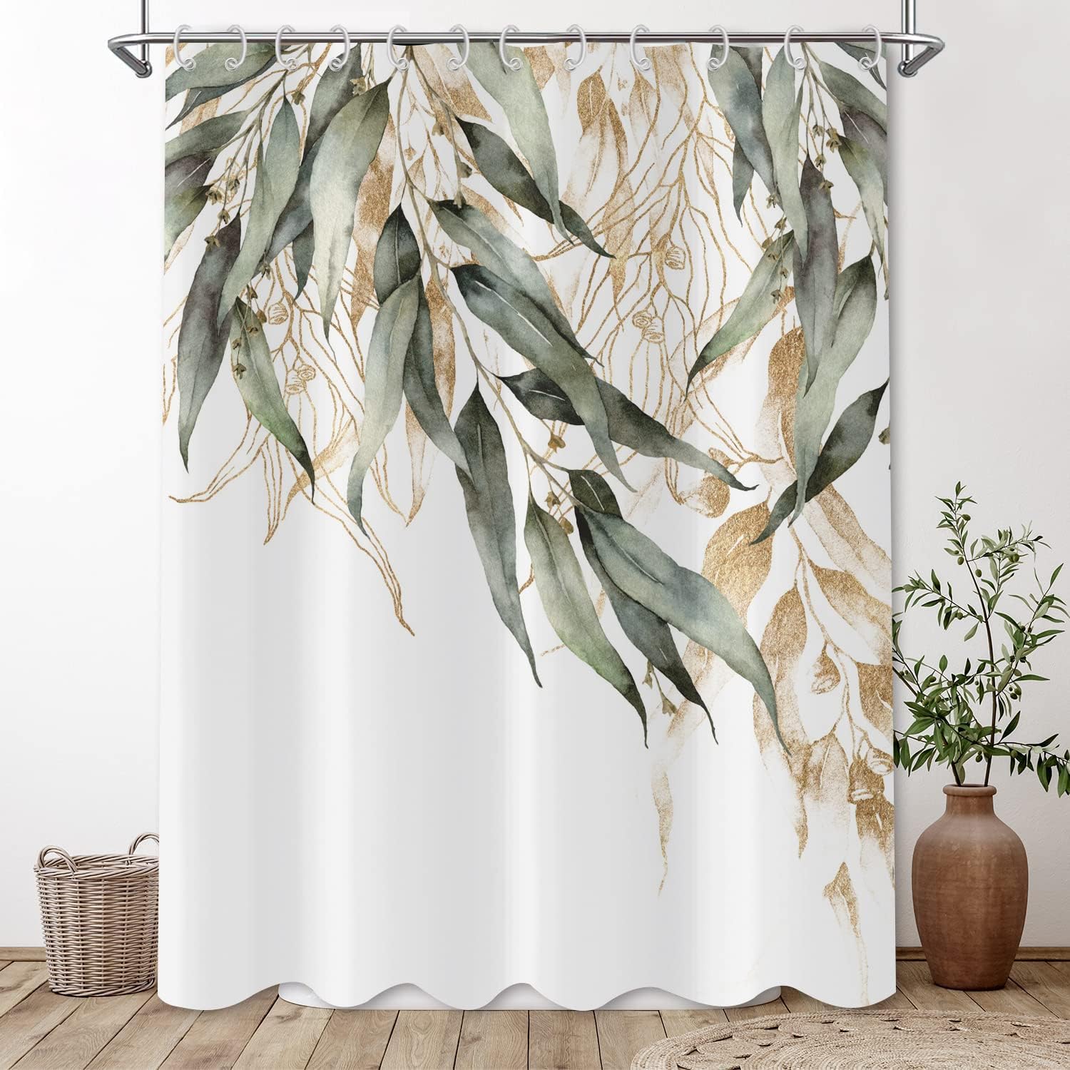 Green Eucalyptus Leaf Shower Curtain with Gold Branches and Botanical Pattern for Home