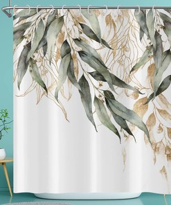 Green Eucalyptus Leaf Shower Curtain with Gold Branches and Botanical Pattern for Home