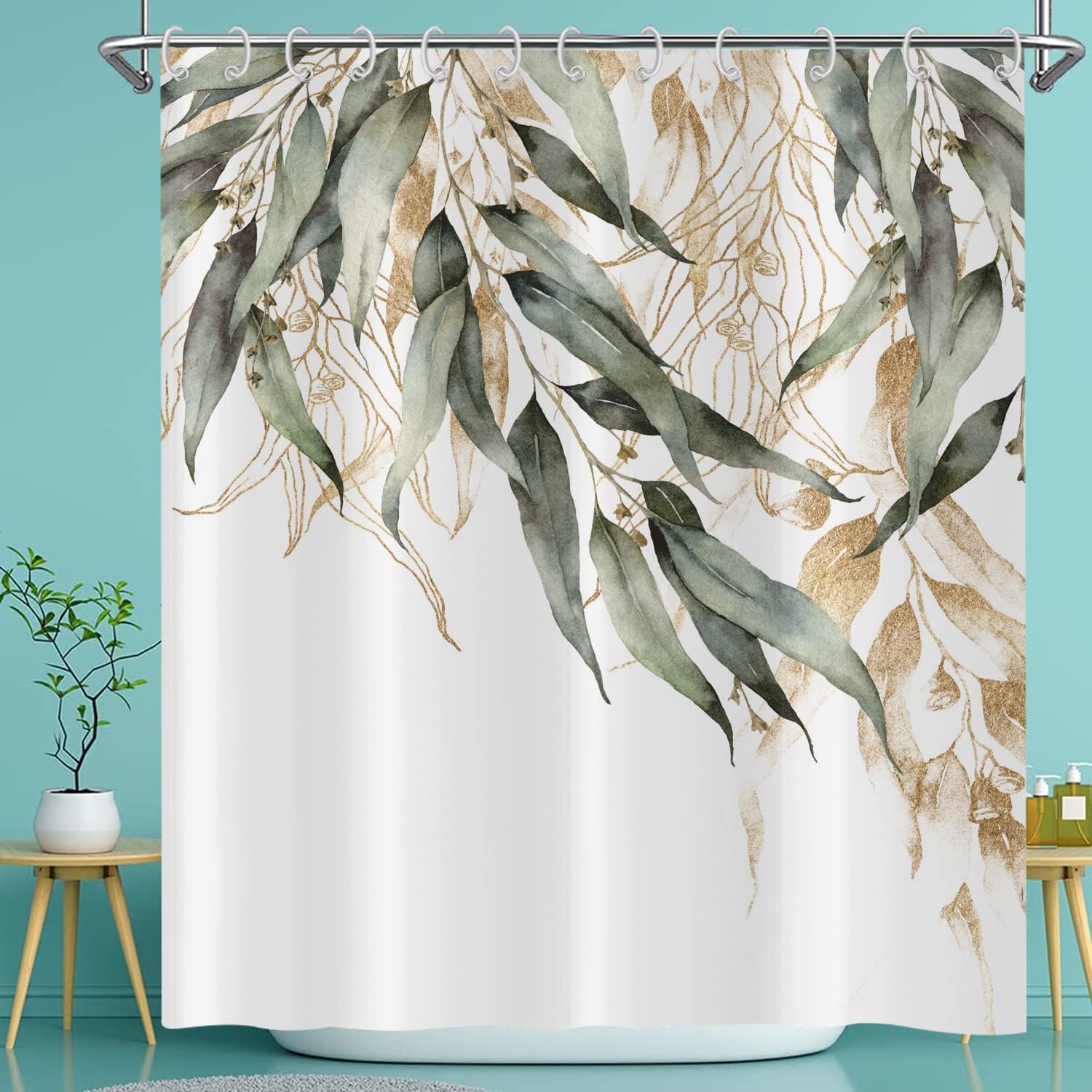 Green Eucalyptus Leaf Shower Curtain with Gold Branches and Botanical Pattern for Home