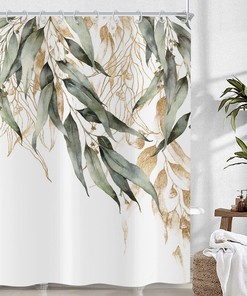 Green Eucalyptus Leaf Shower Curtain with Gold Branches and Botanical Pattern for Home
