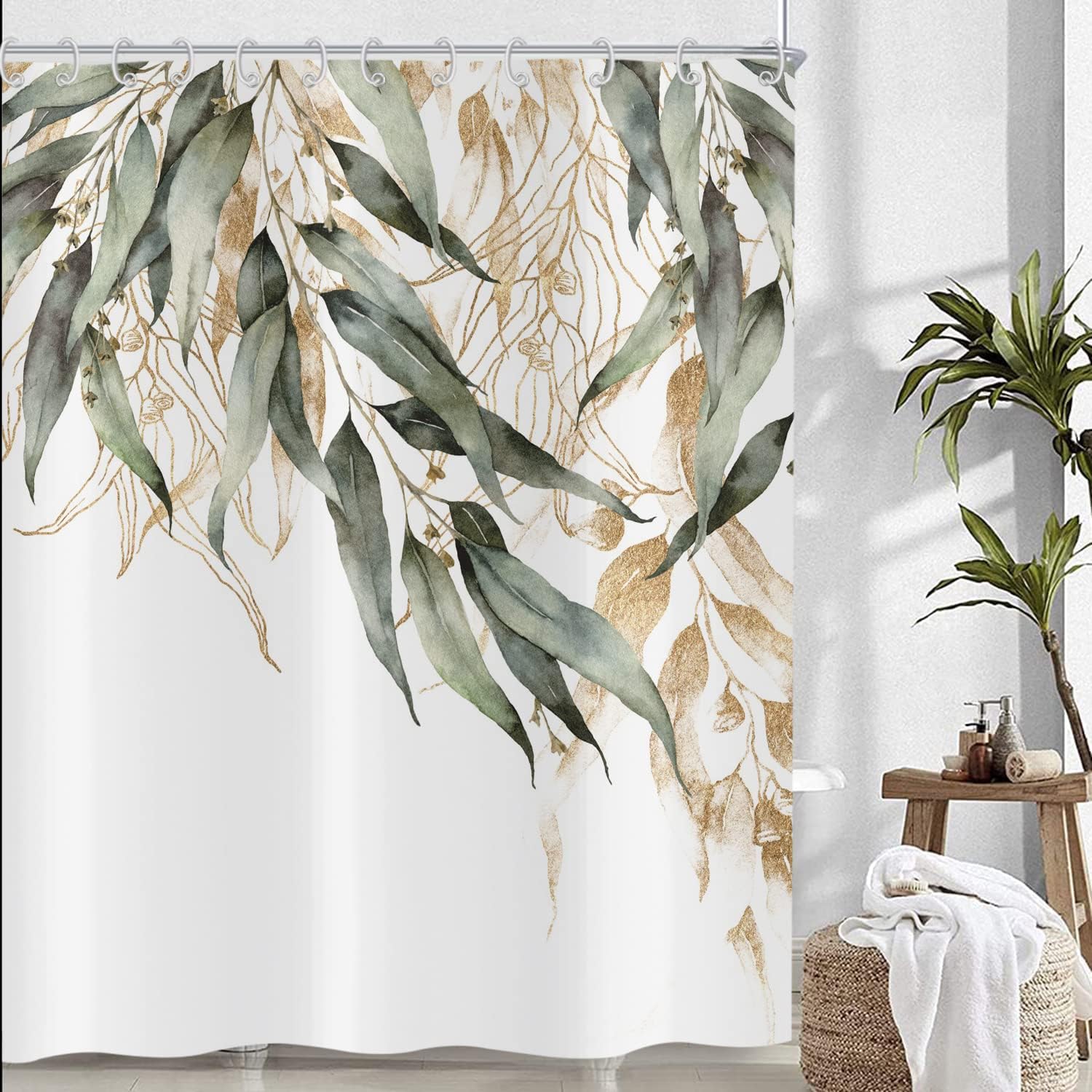 Green Eucalyptus Leaf Shower Curtain with Gold Branches and Botanical Pattern for Home