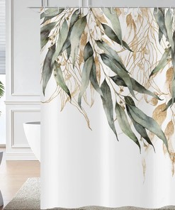 Green Eucalyptus Leaf Shower Curtain with Gold Branches and Botanical Pattern for Home