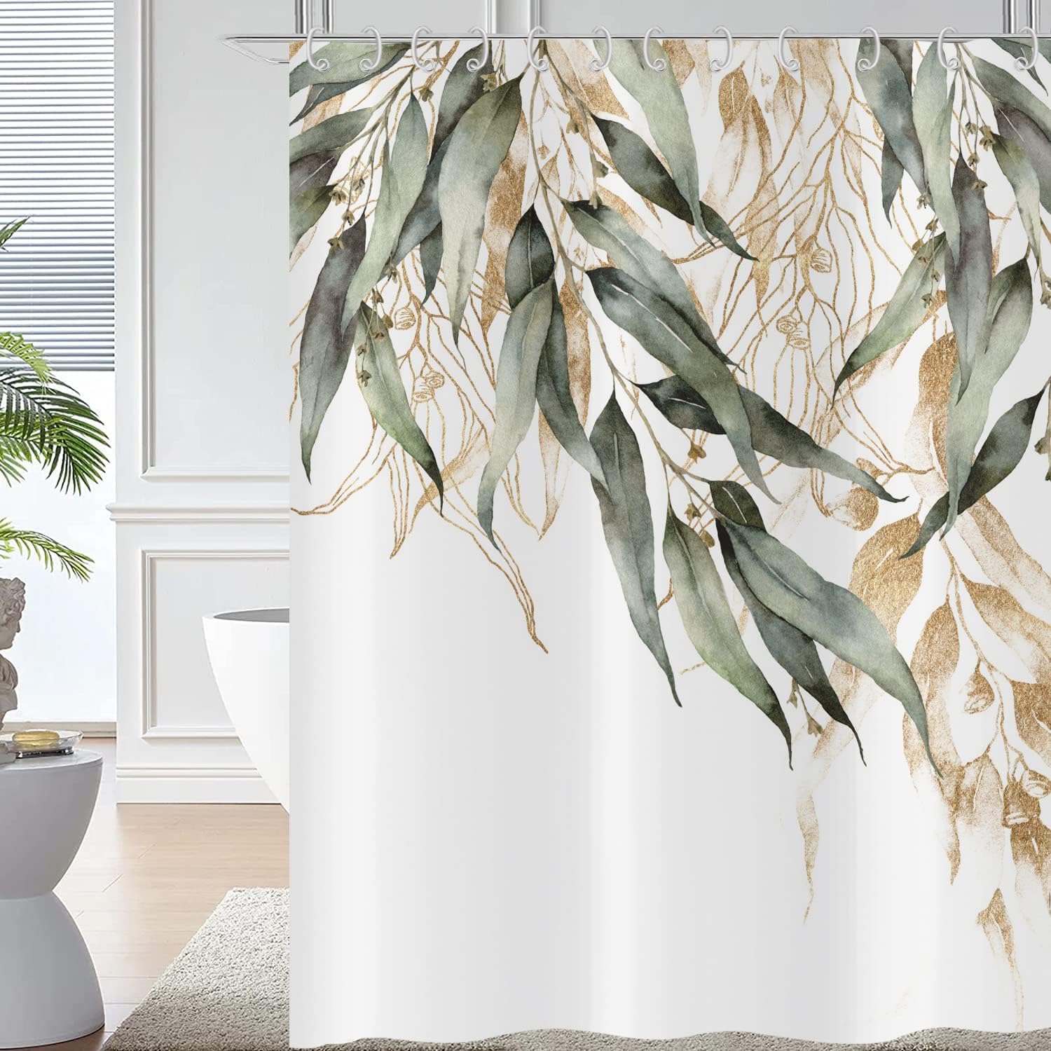 Green Eucalyptus Leaf Shower Curtain with Gold Branches and Botanical Pattern for Home