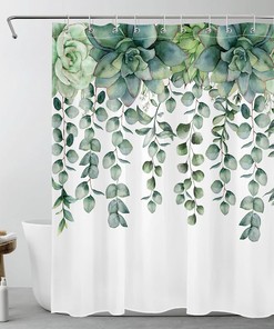Green Eucalyptus Leaves Shower Curtain, White Fabric Waterproof Curtain For Botanical Bathroom Decor