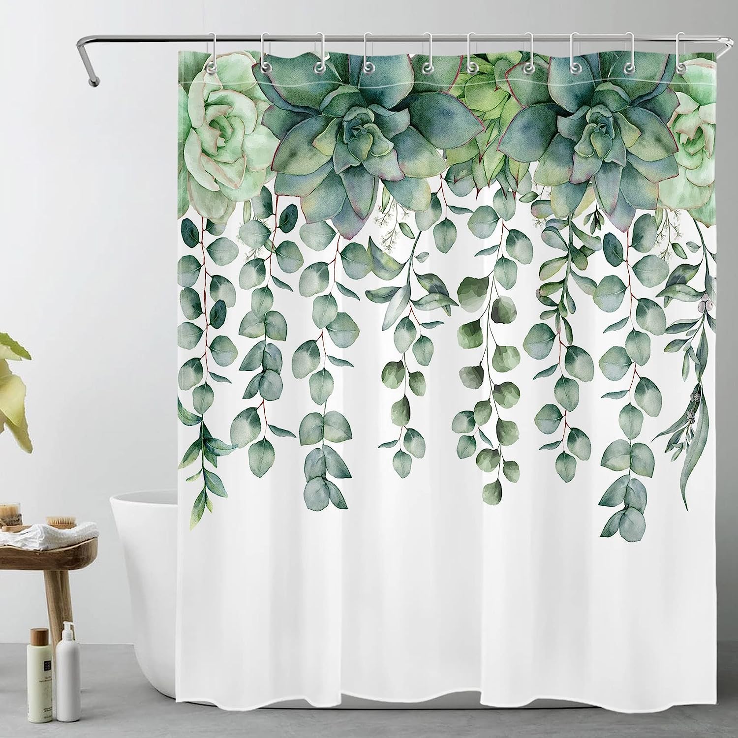 Green Eucalyptus Leaves Shower Curtain, White Fabric Waterproof Curtain For Botanical Bathroom Decor