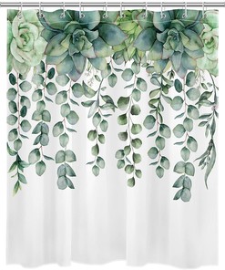Green Eucalyptus Leaves Shower Curtain, White Fabric Waterproof Curtain For Botanical Bathroom Decor