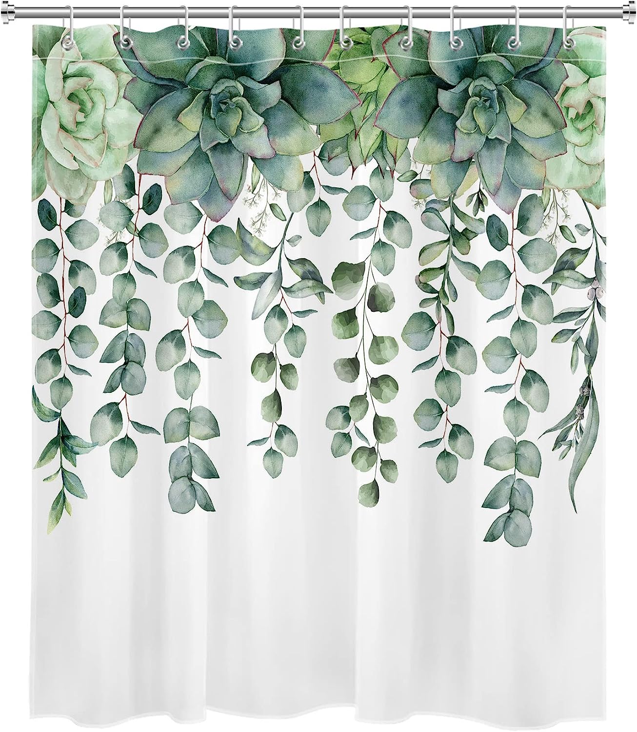 Green Eucalyptus Leaves Shower Curtain, White Fabric Waterproof Curtain For Botanical Bathroom Decor