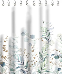 Green Eucalyptus Print Shower Curtain with Watercolor Leaves Design for Spring Bathroom Decor