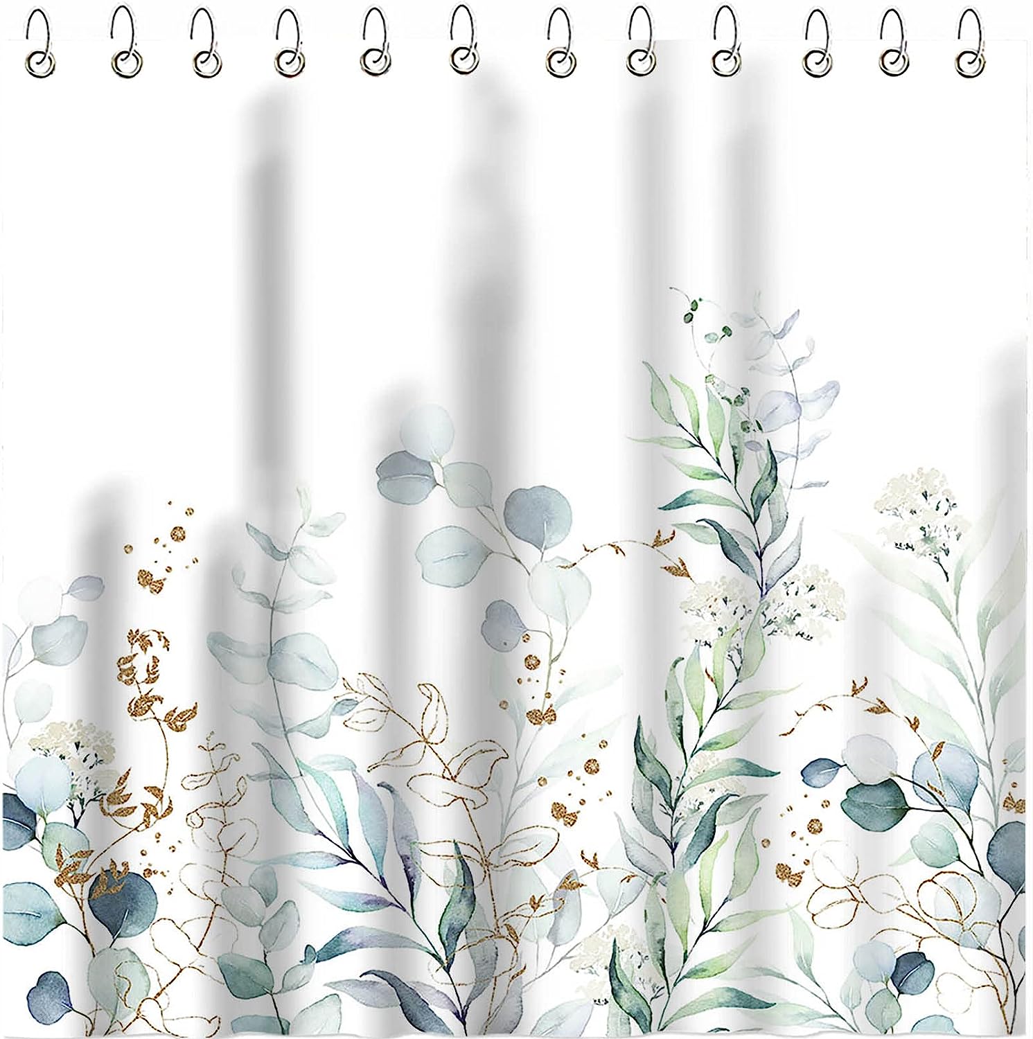 Green Eucalyptus Print Shower Curtain with Watercolor Leaves Design for Spring Bathroom Decor