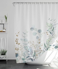 Green Eucalyptus Print Shower Curtain with Watercolor Leaves Design for Spring Bathroom Decor