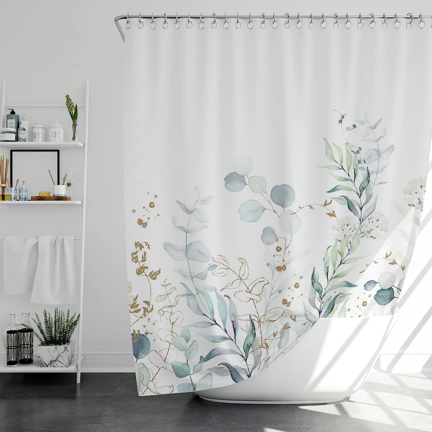Green Eucalyptus Print Shower Curtain with Watercolor Leaves Design for Spring Bathroom Decor