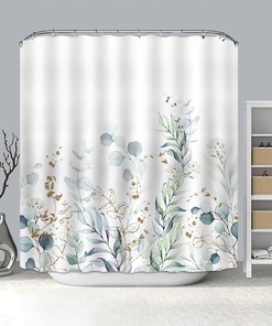 Green Eucalyptus Print Shower Curtain with Watercolor Leaves Design for Spring Bathroom Decor
