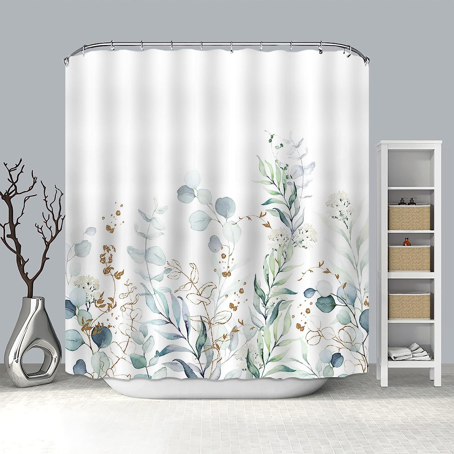 Green Eucalyptus Print Shower Curtain with Watercolor Leaves Design for Spring Bathroom Decor