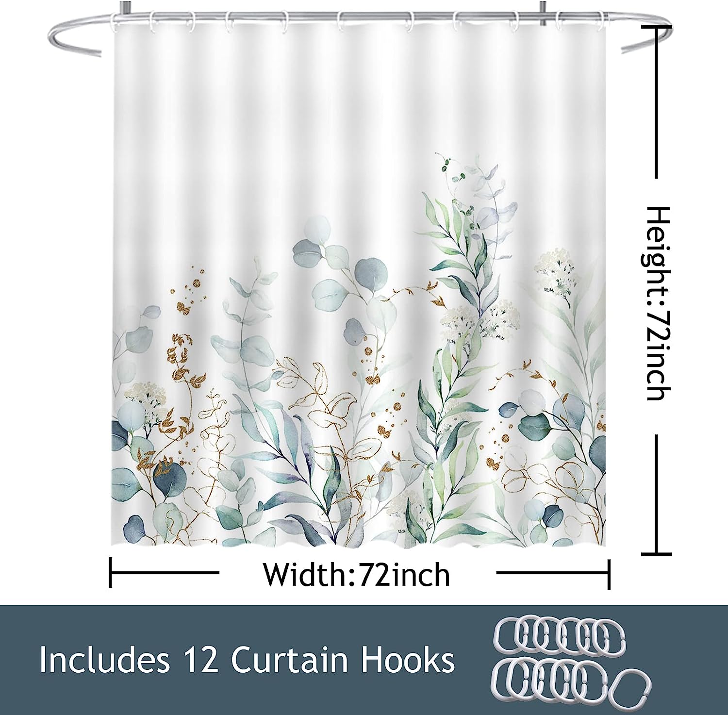 Green Eucalyptus Print Shower Curtain with Watercolor Leaves Design for Spring Bathroom Decor