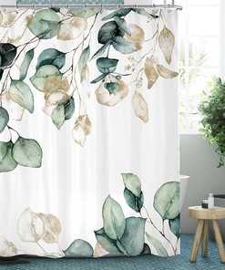 Green Eucalyptus Shower Curtain - Watercolor Leaves and Gold Plant Nature Design