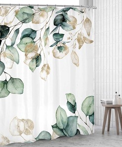 Green Eucalyptus Shower Curtain - Watercolor Leaves and Gold Plant Nature Design