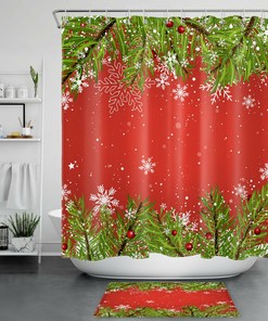 Green Fir with Red and White Christmas Snowflakes Shower Curtain for Bathroom Decor