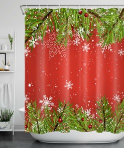 Green Fir with Red and White Christmas Snowflakes Shower Curtain for Bathroom Decor