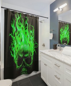Green Flaming Skull Shower Curtain, Waterproof Fabric Gothic Bathroom Decor