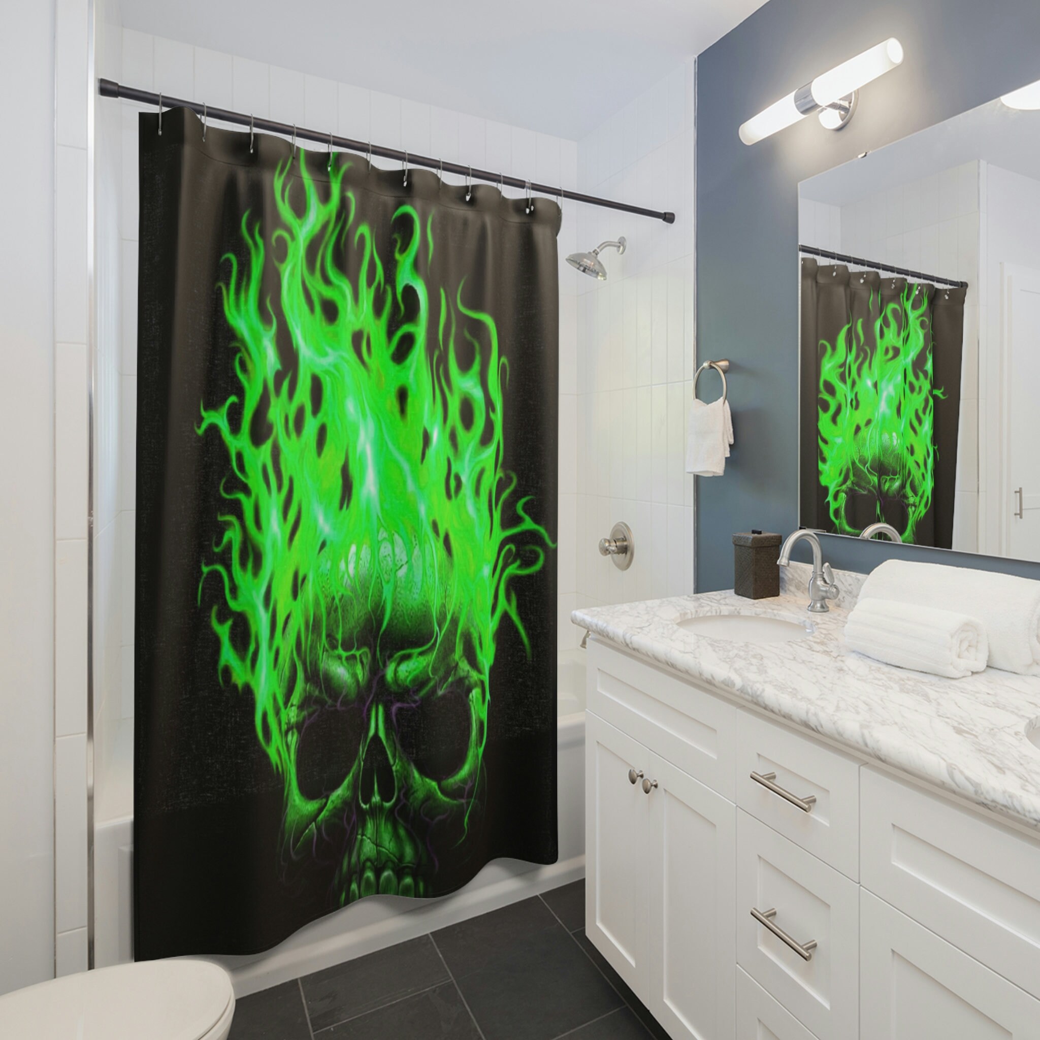 Green Flaming Skull Shower Curtain, Waterproof Fabric Gothic Bathroom Decor