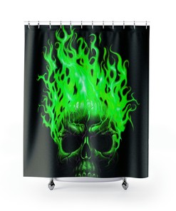 Green Flaming Skull Shower Curtain, Waterproof Fabric Gothic Bathroom Decor